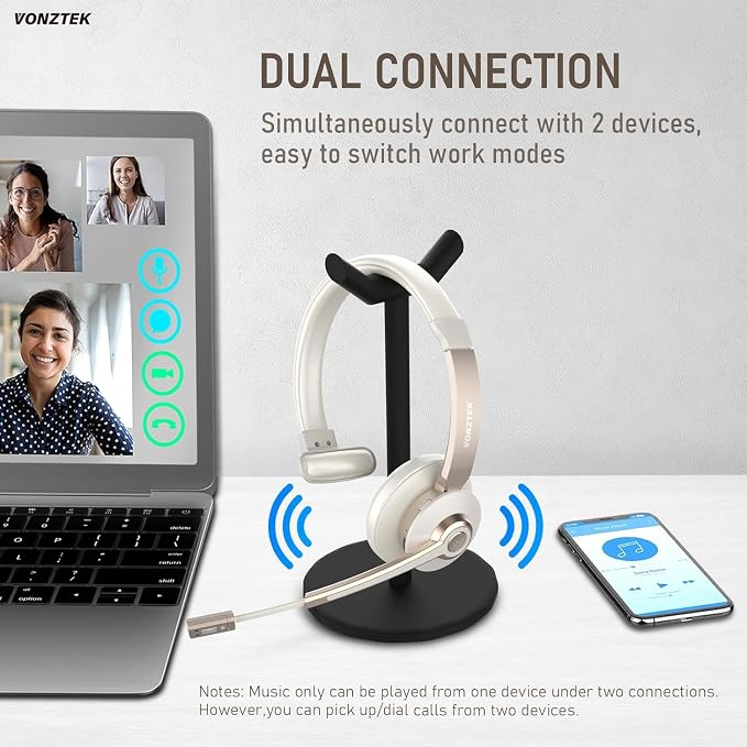Wireless Headset, Trucker Bluetooth Headset Noise Canceling & Mute | 5.0 Bluetooth Headphones with Mic & USB Dongle for Cell Phone Computer Work Office Teams Meeting Call Center
