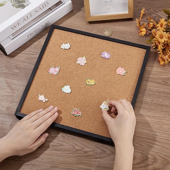 BENECREAT Pin Board Square Cork Board with Black Frame, 11.8x11.8inch Wall Mounted Cork Board for Brooch Pin Storage, Office Home Festival Wedding Decor, 0.7inch Thick