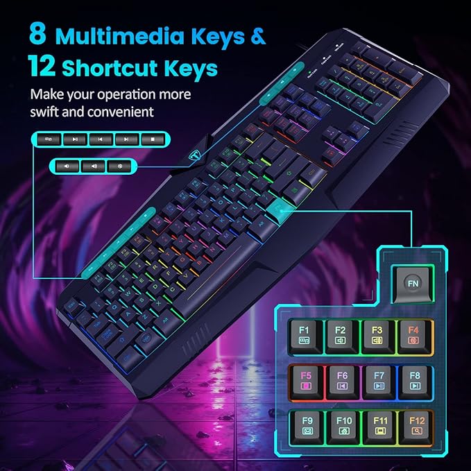 Gaming Keyboard, Full Size RGB Backlit Quiet Computer Keyboard, Wrist Rest, Silent Keys, Multimedia Keys, Anti-ghosting, Waterproof Light Up USB Wired Keyboard for PC Mac Xbox Gamer Office