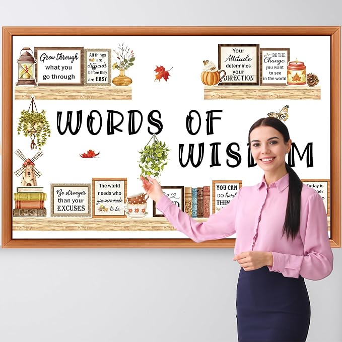 Qilery Bookshelf Bulletin Board Set, Motivational Words of Wisdom Cutouts | Rustic Boho Library Reading Nook Wall Posters, Inspirational Teacher Supplies for Back to School Classroom Decor