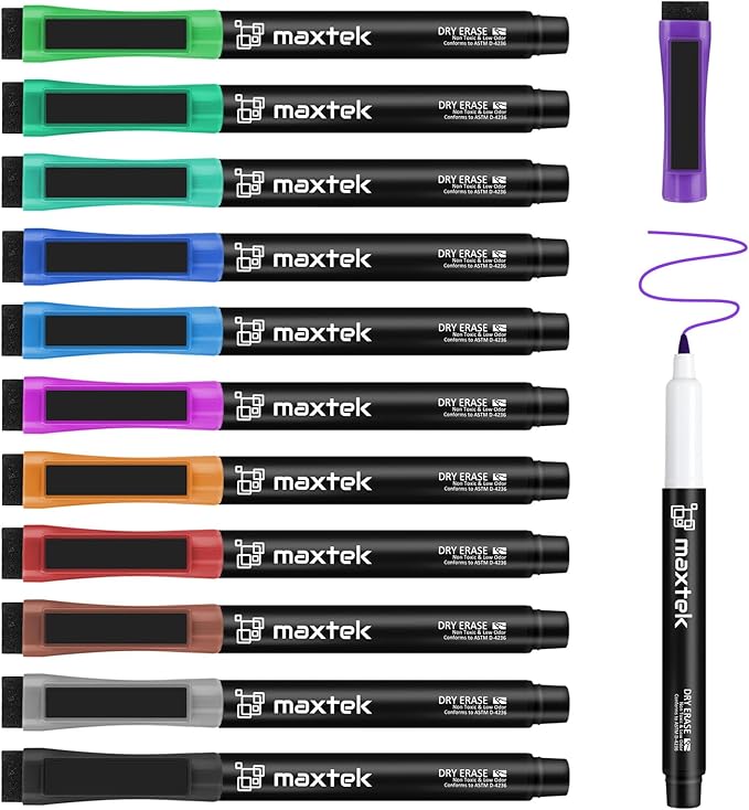 maxtek Magnetic Dry Erase Markers Ultra Fine Tip, 0.7mm Extra Fine Point Thin Dry Erase Markers with Eraser for Planning Whiteboard, Calendar Boards, 12 Colors, Low Odor