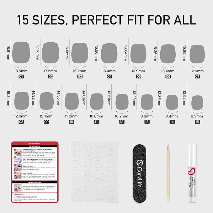 Curvlife Press on Nails Acrylic Fake Nails with AM Design Full Cover False Nails for Women Reusable Nail Kit with Nail Glue Adhesive Tabs
