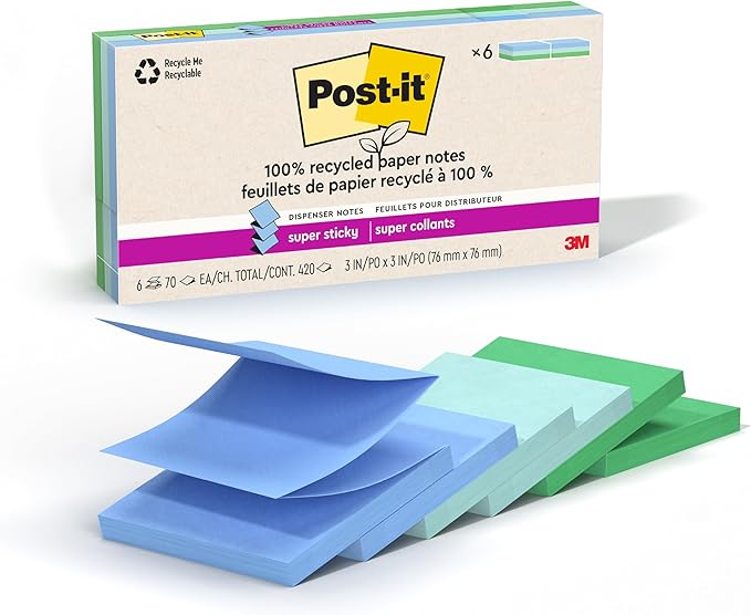 Post-it 100% Recycled Paper Super Sticky Pop-up Notes, 2X The Sticking Power, 3x3 in, 6 Pads, 70 Sheets/Pad, Oasis Collection (R330R-6SST) (Pack of 12)