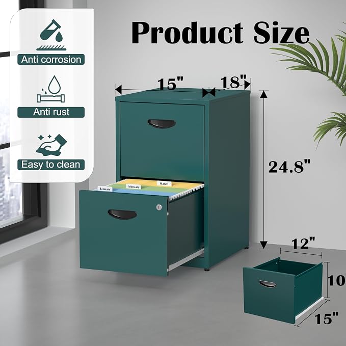 SteeLoong 2 Drawer File Cabinet,Metal Office File Cabinet with Lock,Green | Filing Cabinets for Home Office,Vertical Modern File Cabinet Office Two Drawers for Hanging Letter,Assembly Required