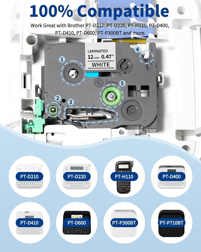 Label Maker Tape Refill Replacement for Brother TZe-231 TZe231 12mm 0.47'' | Laminated White P Touch TZe TZ Label Tape Compatible with Brother PT-D220 D210 H110 D410 D610BT, 12mm x 8m, 6-Pack