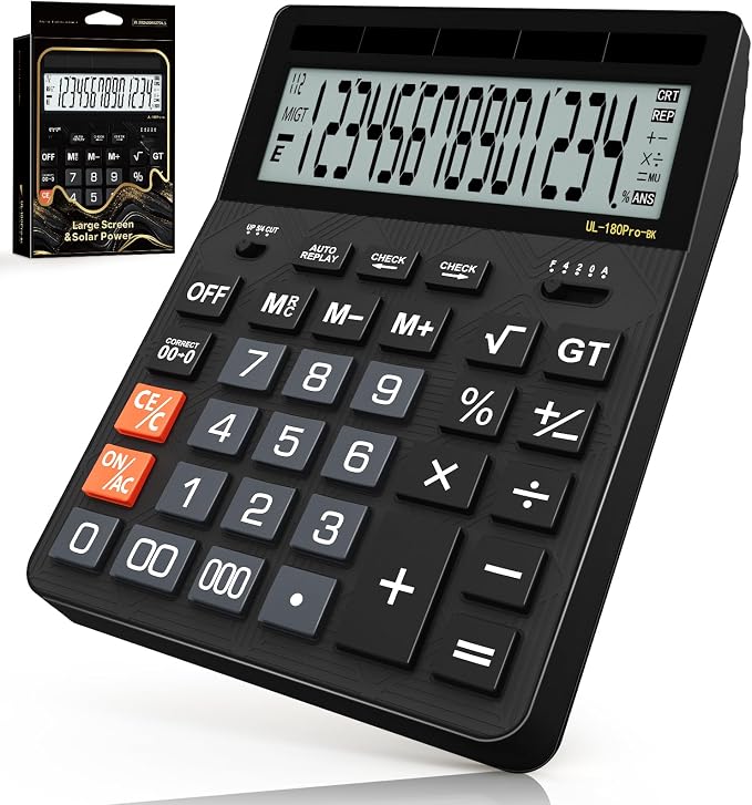 Calculators Desktop, 2026 Upgrade 14 Digit Large Size Calculator with 5-Inch LCD Display and Solar Power, Office Calculator for Desk (Black)