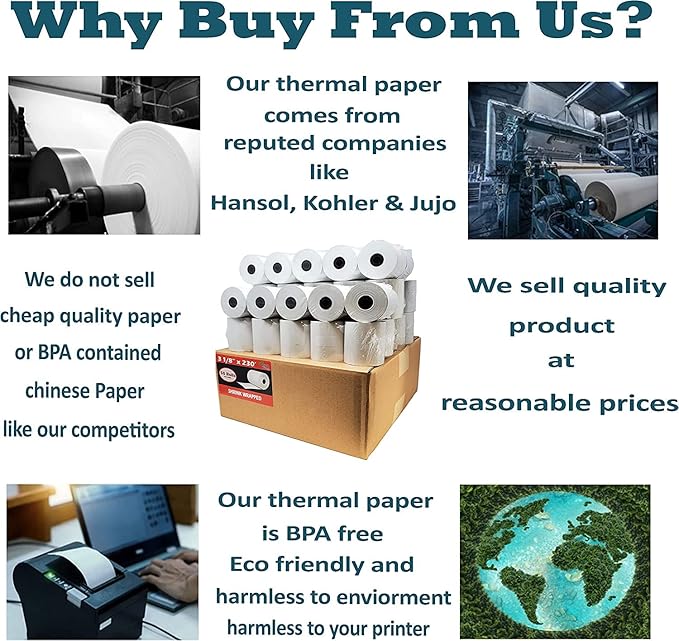 BPA Free Thermal Paper (500 Rolls) 3 1/8 x 230 Receipt Rolls fits all Clover POS Cash Register Printers, Star Micronics SCP700 TSP100 TSP300 TSP400 (BPA Free) from BuyRegisterRolls