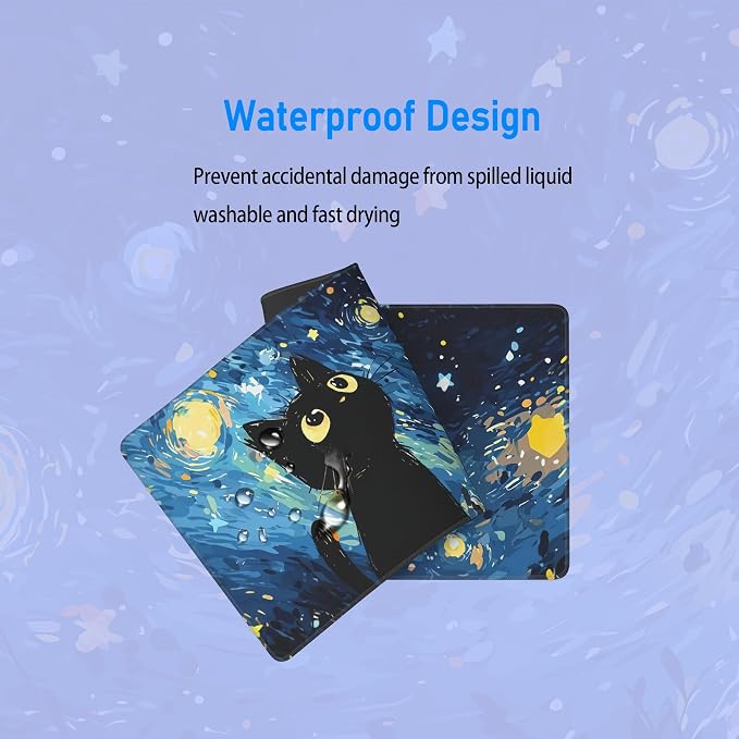 Starry Night Black Cat Mouse Pad,Blue Anime Large Desk Mat,31.5x12in | Cute Kitty Van Gogh Dreamy Star Mousepad,Fade Resistant Stitched Edge XL Gaming Keyboard mat for Office Home,80x30 cm