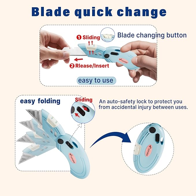 Box Opener with 10 Extra Blades,Mini Box Cutter with Button Lock Mechanism,Razor Blades Utility Knife for Opening Daily Express Boxes, Packages, Envelopes,Paper tapes.White,4 Pcs.
