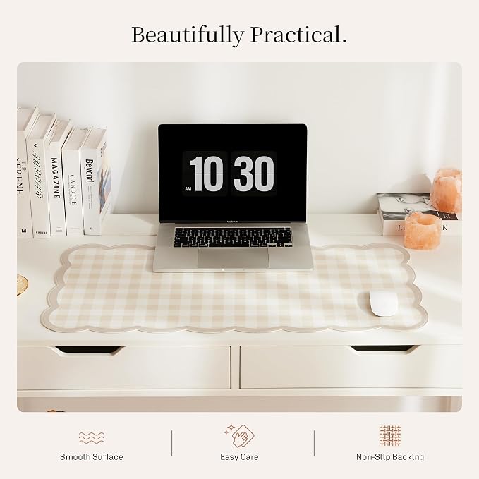 Ohocut Scalloped Gingham Checkered Desk Pad，Beige：31.5" x 15.7" | Large, Premium Faux Leather, Anti-slip Bottom, Water Repellent, Easy to Clean, Aesthetic Trendy Design