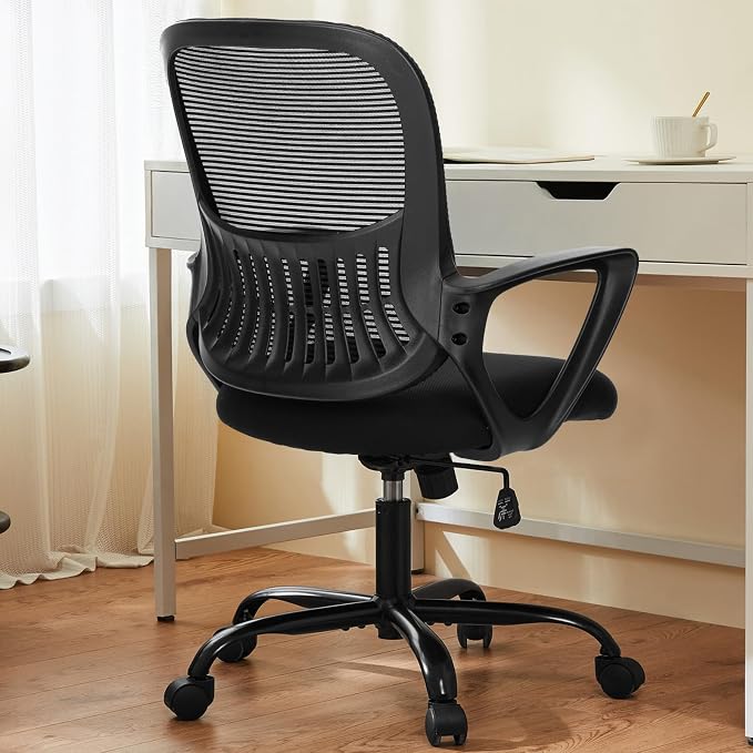 OLIXIS Home Office Chair, Mesh Desk Chair, Ergonomic Lumbar Support | Mid Back Computer Ergonomic, Height Adjustable Swivel Task, Large Seat Armrest, Adults, Black