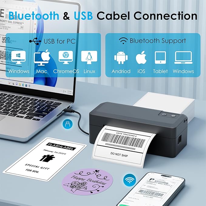 Shipping Thermal Label Printer, 4x6 Portable Label Printer, Bluetooth Label Maker for Small Business, Support iPhone,Android,Windows,Mac,Chromebook,Works with USPS, Etsy,Shopify&More, Black