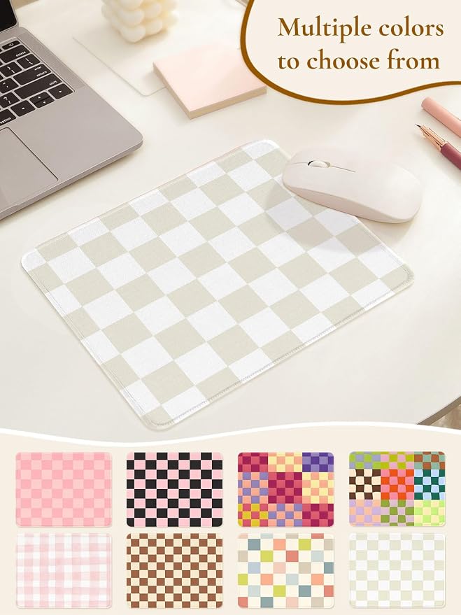 Cute Beige White Mouse Pad,Retro Checkered Pattern Mousepad,Square Aesthetic Plaid Waterproof Grid Mouse Mat Design, Non-Slip Rubber Base Computer Funny Boho Small Mouse Pads