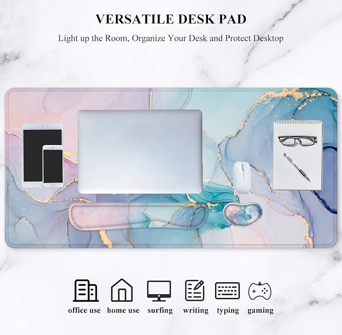 Large Mouse Pad with Wrist Rest, 4-in-1 Wrist Rest for Keyboard and Mouse | Non-Slip Waterproof Desk Mat Set, 35.4"x15.7" Desk Mat+Keyboard Wrist Rest+Mouse Wrist Support+Cup Coaster for Home Office