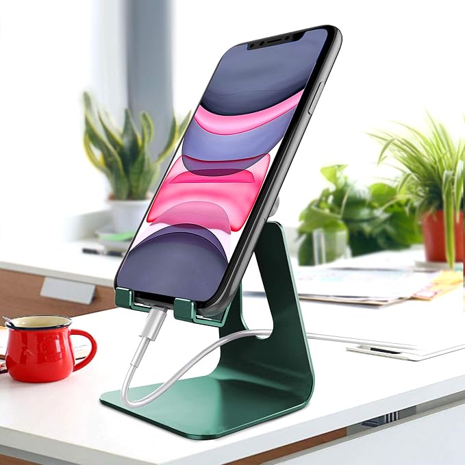 CreaDream Aluminum Cell Phone Stand, Adjustable Phone Holder for Desk | Adjustable Viewing Angle, Desktop Stand, Stable Base, Fits iPhone 17 16 15 14 13 Pro Max Desk Accessories, Midnight Green