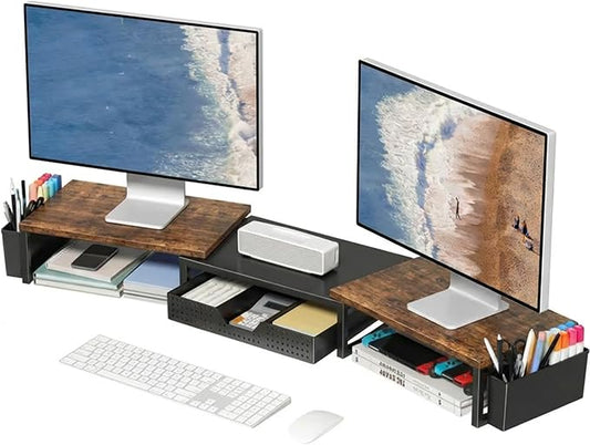 Desk Organizers and Accessories, Dual Monitor Stand Riser with Drawer and 2 Pen Holders, Desk Shelf Computer Racks for Office Workspace Organizers, Desktop Organization (Rustic Brown)