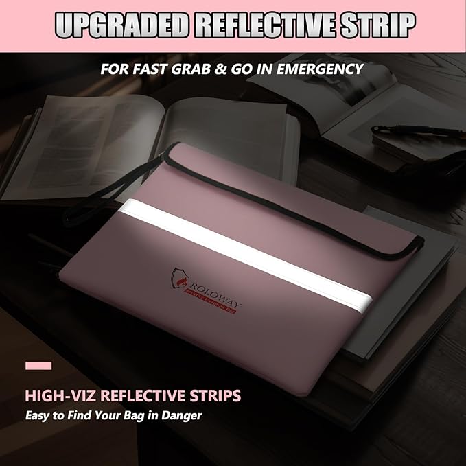 ROLOWAY Fireproof Document Bag (14 x 11 inch) with 5200℉ Upgraded Aluminum Foil Layer, Fireproof Bag for Documents with Reflective Strip and Zipper (Pink)