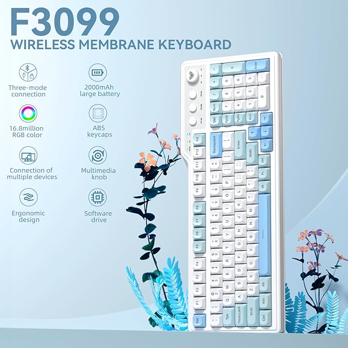 Aula F3099 Wireless Keyboard with Media Knob, Tri-Mode BT5.0/2.4GHz/USB-C Cute Creamy Keyboard with Number Pad, RGB Backlit Gaming Keyboard, Quiet Typing Computer Keyboards for Office Laptop/PC