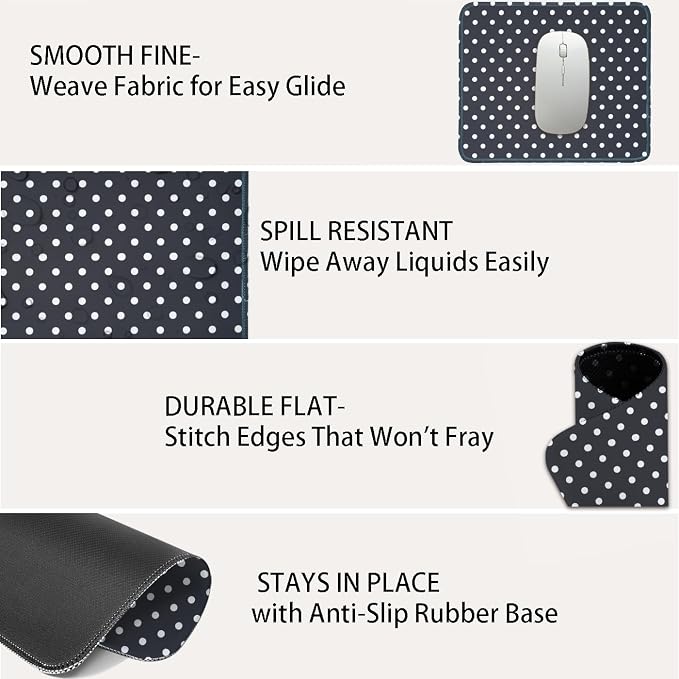 Mouse Pad for Desk with Stitched Edge, Premium Cute Washable Mouse Pads. Computer Mousepad with Non-Slip Rubber Base, Mousepads for Laptop, 9.25x7.75x0.12 inch (Classic Polka Dots)
