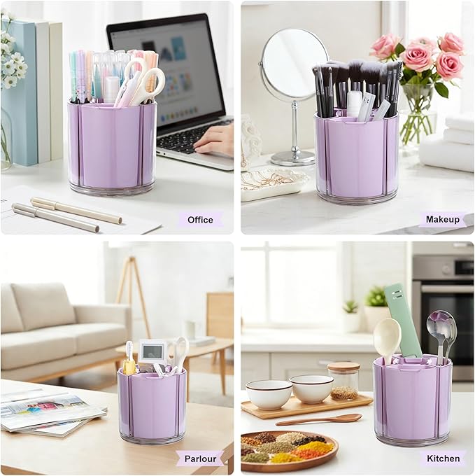 Comix 360° Rotating Pen Holder for Desk, Pencil Holder with 5 Slots, Cute Purple Plastic Desk Organizer for Home School Office Supplies
