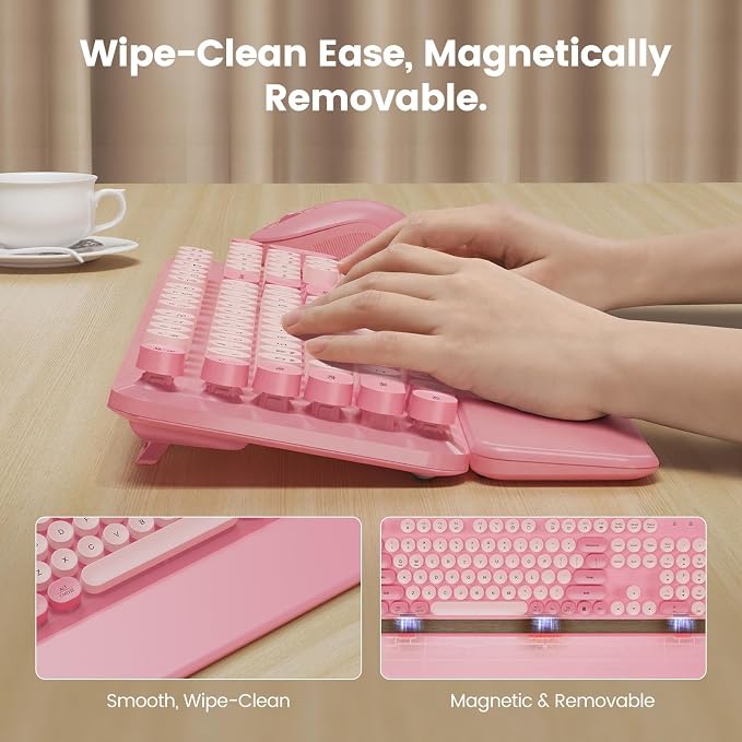 Wireless Keyboard and Mouse Combo, Magnetic Wrist Rest, Round Keycaps, Pink | Full-Size Retro Typewriter Style, Tilt Legs, 2.4GHz Cordless for MacOS, Windows PC, Laptop - Soft Blush Pink, SABLUTE CK23
