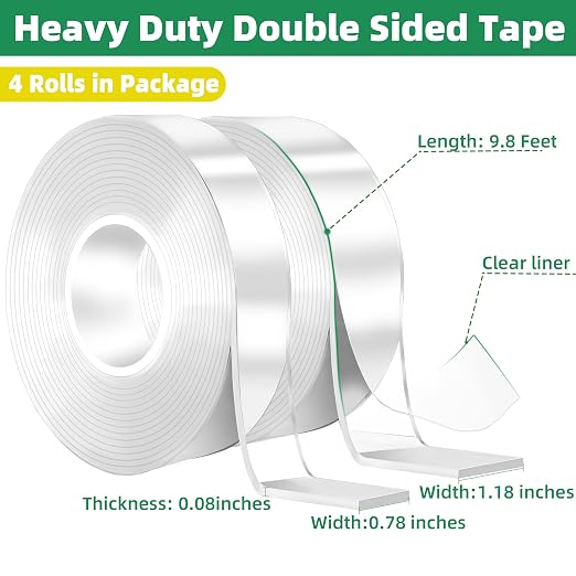 4 Rolls Double Sided Tape Heavy Duty, Nano Tape Double Sided Mounting Tape | Removable Transparent Adhesive Tape, Clear Two Sided Poster Wall Tape Strips for Home Office(4 Rolls, Total 39.2FT)