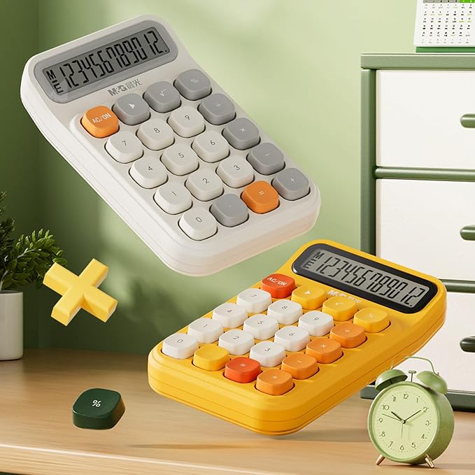 M&G Mechanical Switch Calculator, 12 Digits, Large LCD Display and Big Buttons, Cute White Desktop Calculator for Office, Home, School (Battery Included)