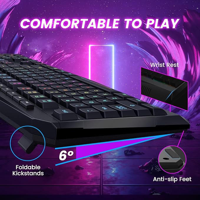 Wireless Keyboard, Rechargeable RGB Backlit Wireless Gaming Keyboard with Wrist Rest, Silent Keys, Multimedia Keys, Anti-ghosting, Full-Size Waterproof Light Up Keyboard for PC Mac Xbox Gamer