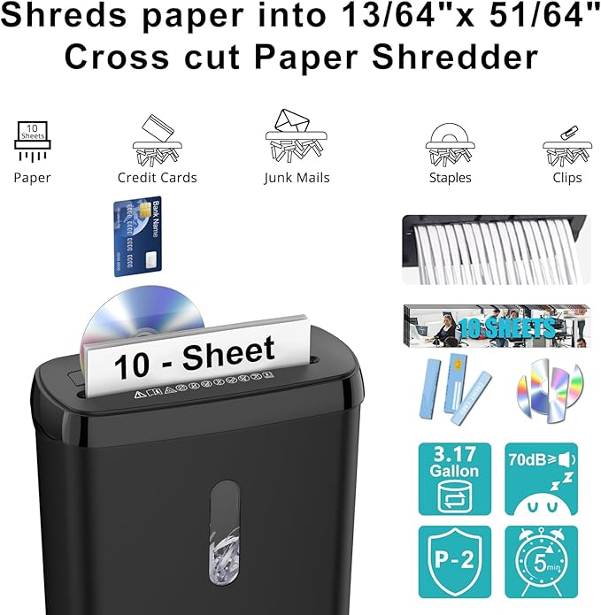 Paper Shredder for Home，10-Sheet Strip Cut,12 L Basket,P-2 Security Level,Shred CD & Credit Card Shredders for Home Use