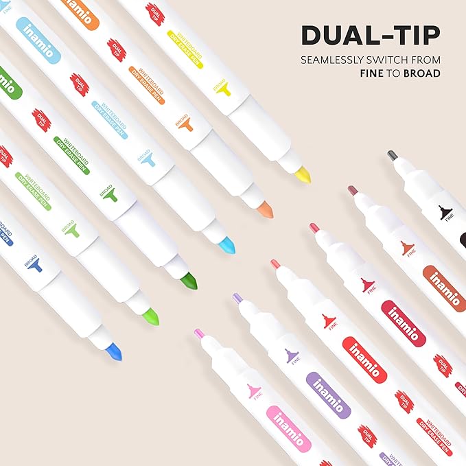 inamio Dry Erase Markers for Whiteboard – Ultra Fine Tip White Board Markers – Dual Tip, Pastel Colors - Fine Point Erasable Markers - 12 Set
