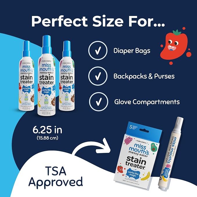 Miss Mouth's Messy Eater Stain Treater Spray - 4oz 3 Pack Stain Remover - Newborn & Baby Essentials - No Dry Cleaning Food, Grease, Coffee Off Laundry, Underwear, Fabric | Newborn & Baby Essentials; Cleans Off Food, Grease, Coffee; Use on Laundry, Unde...