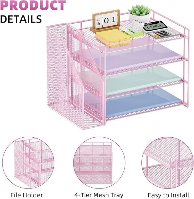 Marbrasse 4-Tier Paper Tray Organizer with File Holder, Pink | Sturdy Paper Tray, Built-in File Holder, fits Letters/Docs, Saves Desk Space, for School/Office/Home