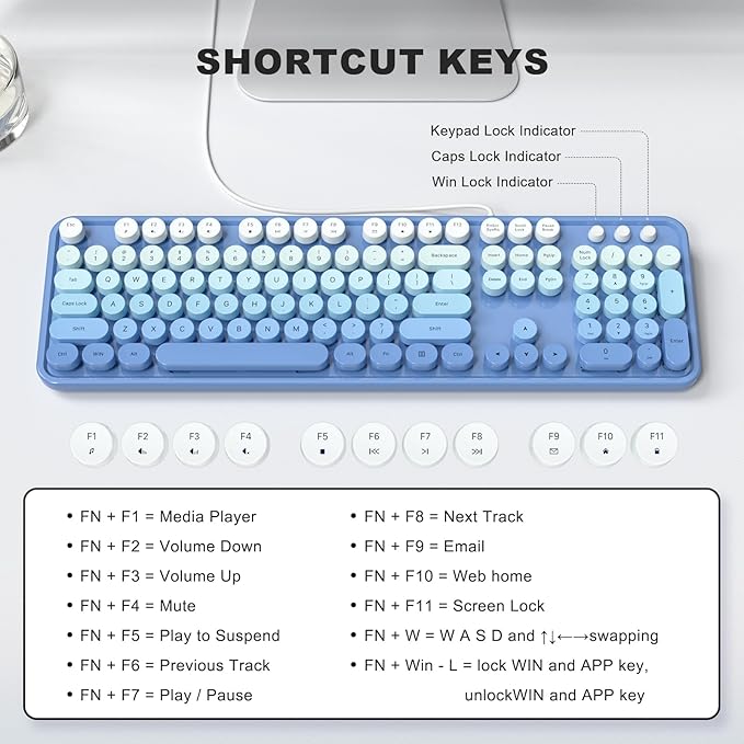 Computer Keyboard Wired, Plug and Play USB Retro Round Typewriter Keyboard, Full Size Wired Keyboard with Foldable Stands for Laptop and Office PC