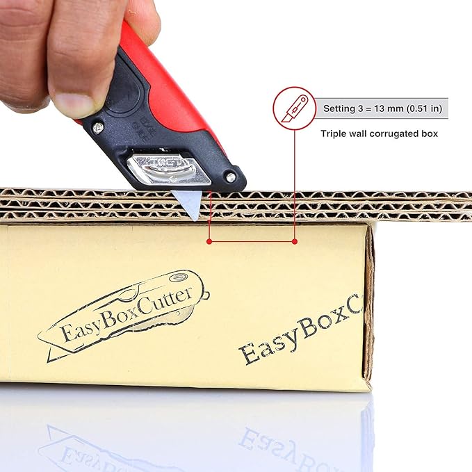 Modern Box Cutter, Extra Tape Cutter at Back, Dual Side Edge Guide, 3 Blade Depth Setting, 2 Blades and Holster - 2000 Red STD