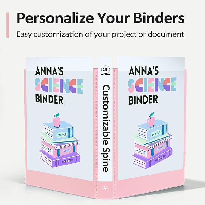 6 Pack Extra Durable 3 Ring Binders 0.5 inch, Sooez 1/2 Three Round Ring Binders with Pockets, Cute Customizable Clear View Cover for 8.5 x 11 Letter Size Papers, School Office Supplies for Girl
