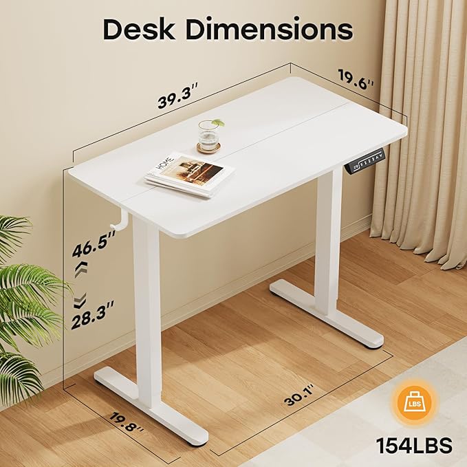 Small Standing Desk, 40" ×20" Electric White Standing Table, Height Adjustable Compact Sit Stand Desk with Splice Board, Home Office Table with 2 Hooks