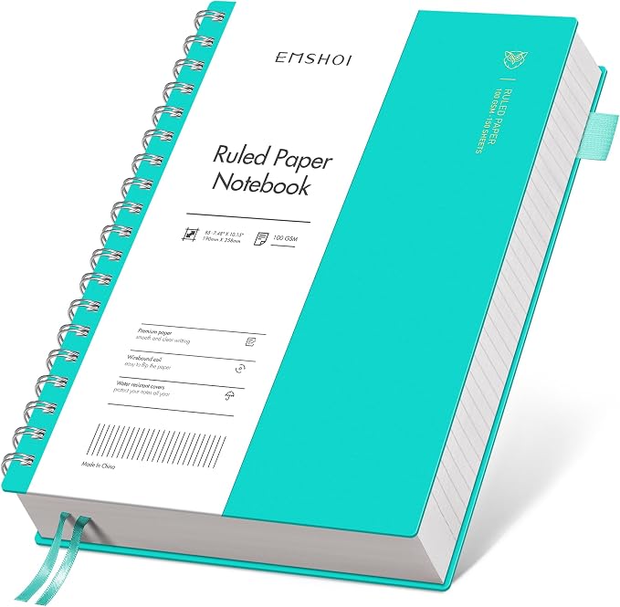 EMSHOI Lined Spiral Journal Notebook, 300 Pages, B5 Size (7.4'' x 10.1'') | College Ruled, 100 GSM Thick Paper, Flexible Plastic Cover, for School, Writing, Work, Office & Journaling (Light Blue)