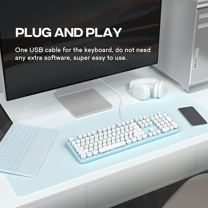 Computer Keyboard Wired, Plug and Play USB Retro Round Typewriter Keyboard, Full Size Wired Keyboard with Foldable Stands for Laptop and Office PC