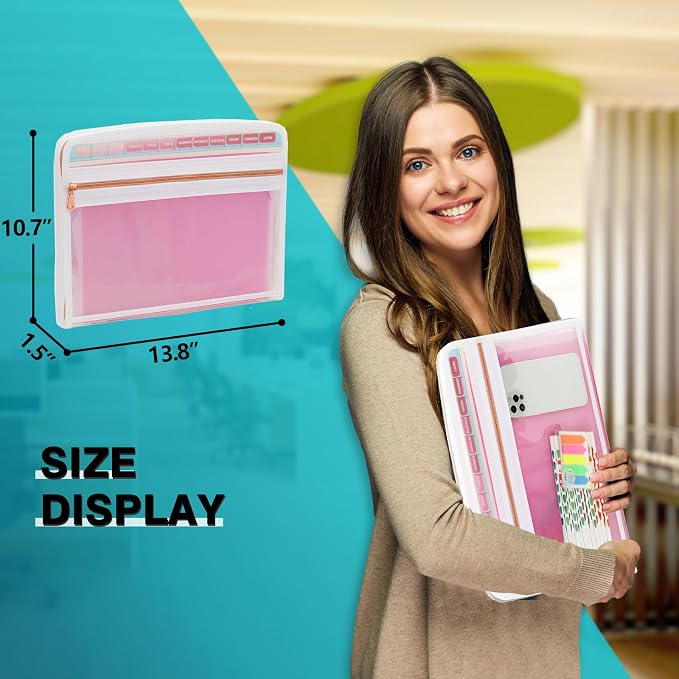 H4D Accordion File Organizer, 13 Pocket Expanding File Folder, Pink | Zippered, Front Clear Pouch, Letter Size Paper, A4 Paper, Fit for Documents