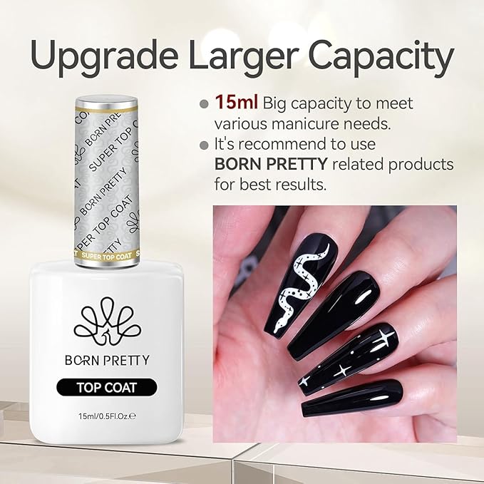 Born Pretty 15ml Gloss Gel Top Coat and Nail Glue for Tips Set,No Wipe Super Top Coat Not Chip or Peel and Long Lastingfor Nail Art