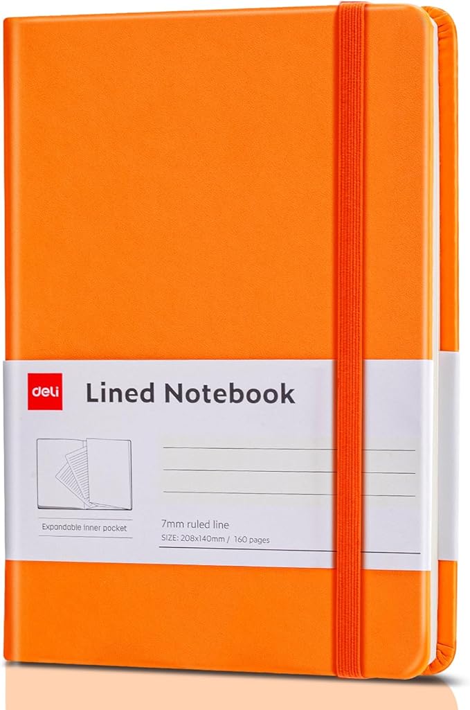 deli A5 Lined Journal Notebook, 160 Pages Hardcover Writing Notebook, 5.5"x8.2" College Ruled Notebook for Office, School, Work Notes (Orange)