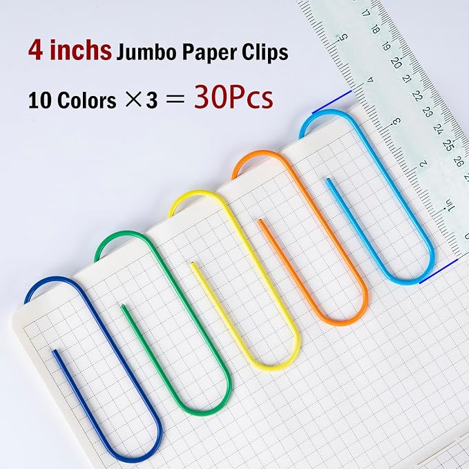 4" Inch Large Paper Clips, 30 Pcs Vinyl Coated Multicolored Mega Large Jumbo Giant Big Colored Paper Holder for Office School Document Organizing