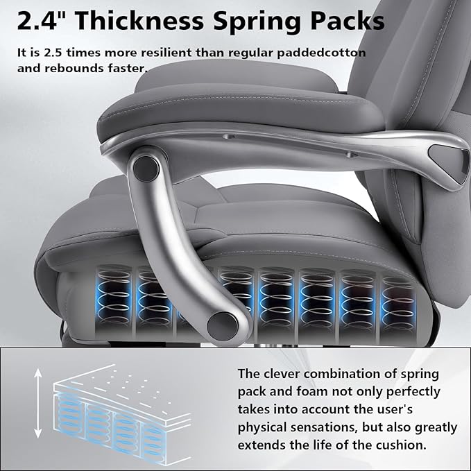 600lbs Big and Tall Office Chair for Heavy People,Heavy Duty Comfy Executive Office Desk Chair with Adjustable Lumbar Support,High Back Reclining PU Leather Computer Chair (Classic, Grey)