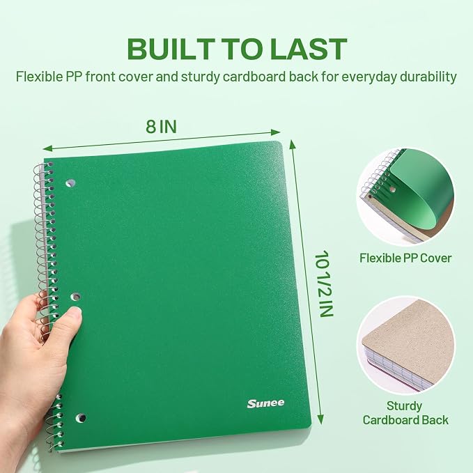 SUNEE Spiral Notebook, 1-Subject, Wide Ruled Paper, 8" x 10-1/2", 100 Sheets per Notebook, 3-Hole Punched Paper, Water Resistant Cover, Double-sided Pockets, Dark Green