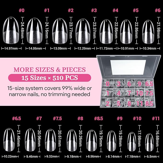 Medium Round False Nail Tips, 15 Sizes 510 PCS Clear Soft Press On Fake Nail Pre-shaped Half Matte Full Cover Gel Nail Tips Extensions Strong Thick Long Lasting for DIY Beginners & Salon Manicure