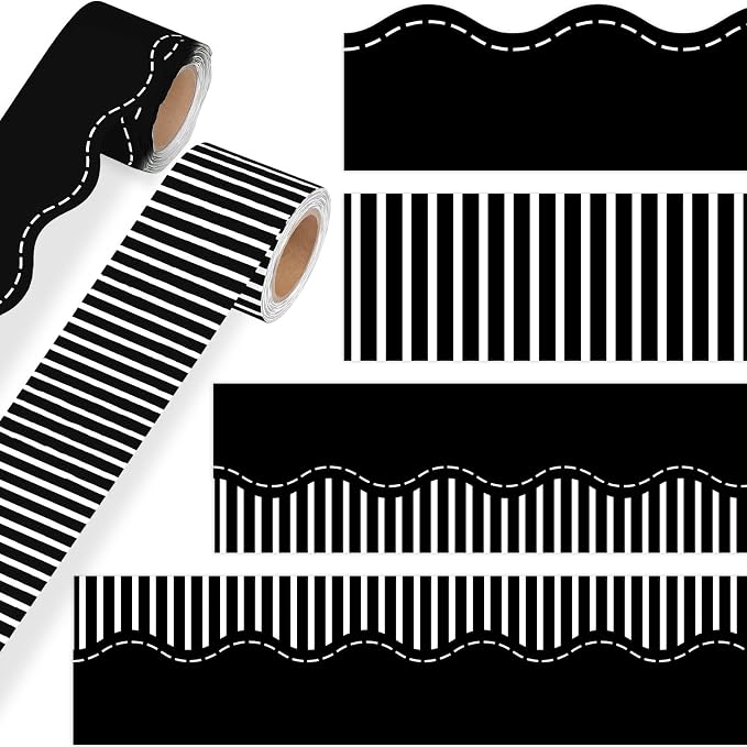 2 Rolls 65.6ft Black Striped Bulletin Board Borders Decoration Scalloped and Straight Edge Black Bulletin Borders Board Trim for Office School Classroom Chalkboard Party Decoration