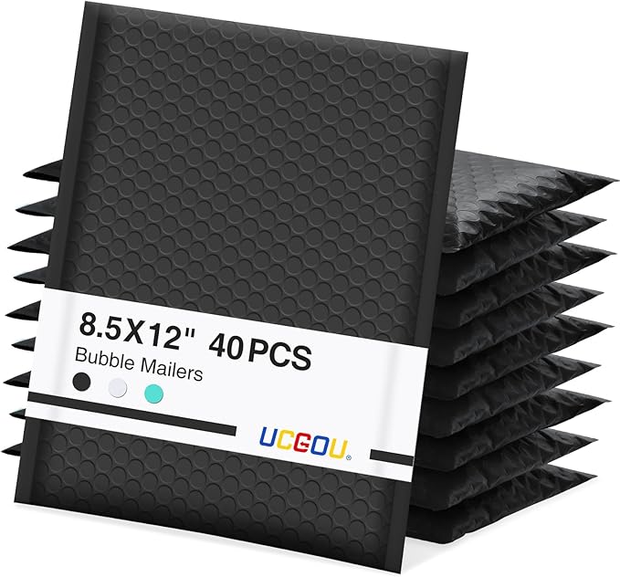 UCGOU Bubble Mailers 8.5x12 Inch 40 Pack Usable Size 8.5x11 Inch Black Padded Envelopes Medium Waterproof Packaging Bags for Shipping Self Seal Strong Adhesive Envelopes for Jewelry Makeup Supplies