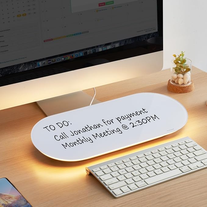 Glass Desktop Whiteboard - 17 X 7 Inches Small Dry Erase Board with Warm White Light, Glass White Board Surface Notepad with 1 Drawer, Desk Organizers for Office, Home, School Supplies
