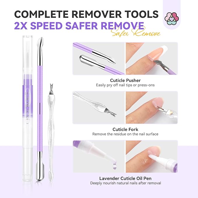 SAVILAND Nail Glue Remover Kit: Press On Nail Remover Nail Prep Kit with Cuticle Tools Easy Removal of Nails Glue and Acrylic Nails Tips 30 ml Debonder Serum and Cuticle Oil Pen Salon Home