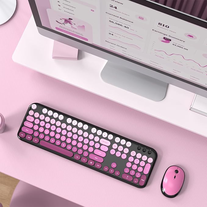 MOFII Wireless Keyboard and Mouse Combo, Full Size 2.4G Retro Round Computer Keyboard and Mouse Set, Plug and Play, for Windows, Computer, Desktop, PC, Notebook - (Black Pink Gradient)